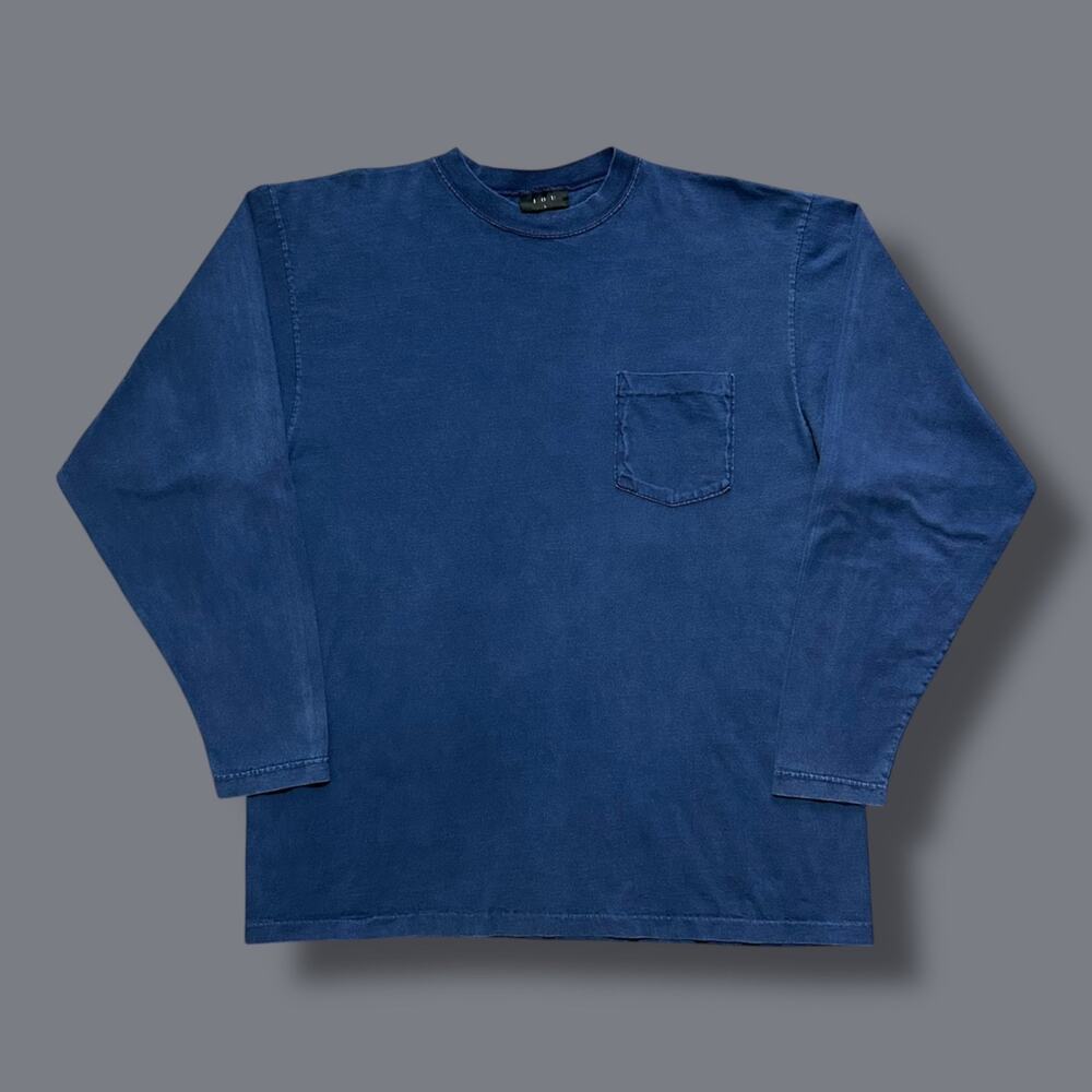 Vintage Blank Shirt Long Sleeve Faded Blue Pocket Tee Cotton Minimalist Large